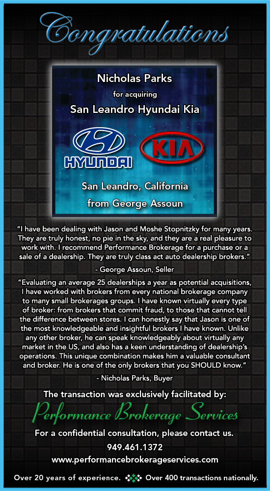 Auto Dealership Broker, Performance Brokerage Services Announces Sale