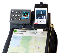 Photo of the MotoChello MC-200 audio system installed in a tank bag