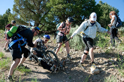 Crossing a rocky section of the trail.