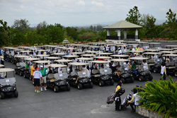 Golf carts lined up at Black Mountain Golf Club on the 2nd day of the Centara World Masters Golf Championship.
