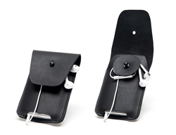 iPhone leather Spinn Case—with patent-pending wheel for ear bud cords; available in three leather colors