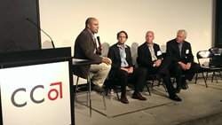 CCA Professor Maricio Soto-Rubio hosting a Q&A panels with Pedro Tavares, Curtis Fletcher, and Lad Dawson.