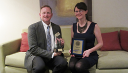 Steve Ausdenmoore, Director of Construction for Petco and Kaely Culbertson, Implementation Manager for Projectmates Construction Project Management Software with the 2014 Constructech Vision Awards.