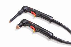 Hypertherm torch with HyAccess consumables (top) and standard consumables (bottom).