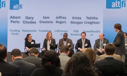 P2Binvestor cofounder and President Krista Morgan speaking on a panel about small business lending in the U.S. at the AltFi Global Summit in New York on November 4, 2014. Photo credit: Brad Johnston