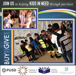 Buy One, Give One backpacks and school supplies donated by Sydney Paige Inc. to kids in need in the Pasadena community.