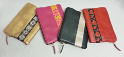 DAISY Leather Pouch Clutch with zipper top. Dazzling Pink microsuede lining, inside credit card pockets