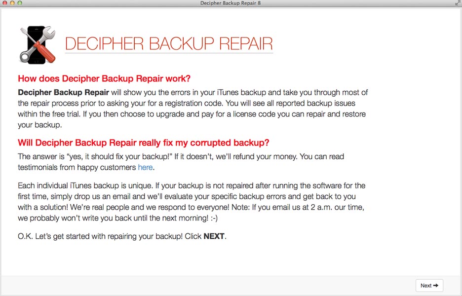 decipher backup repair license code 10