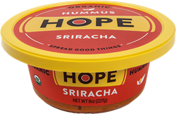 Hope Foods Organic Sriracha Hummus featuring Hope's new packaging.