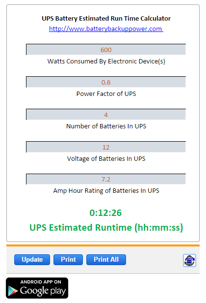 tiempo de ejecución de la calculadora de capacidad de ups