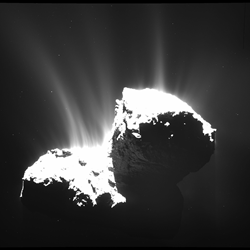 Rosetta's OSIRIS camera took this image on Nov. 22, 2014, 30 km from Comet 67P/Churyumov-Gerasimenko. The nucleus is overexposed to reveal the faint jets of activity. Photo: ESA/Rosetta/MPS for OSIRIS Team