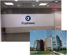 Photos of the entry to the Cryptzone headquarters and the building