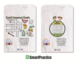 SmartPractice introduces full-color Semi-custom and Paper Supply Bags for dental practices. Pictured are two original Paper Supply Bag designs by SmartPractice that feature activities for children.