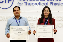 Rajan Jha, at left, and Rim Cherif are recipients of the ICO 2015 Gallieno Denardo Prize. The announcement was made at the ICTP Winter College last month.