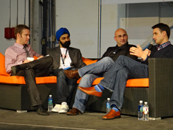 From left to right: Mike Coffey (DeveloperTown), Manpreet Singh (TalkLocal), Jonathon Perrelli (Fortify.vc), Frank Gruber (Tech Cocktail) at a past event, courtesy of TechZulu