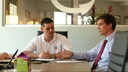 PR Zebra President, Peter Cuderman, consults a client filming for CNBC