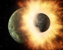 This artist's rendering shows the collision of two planetary bodies. A collision like this is believed to have created the moon shortly after our solar system formed. Image: NASA/JPL-Caltech