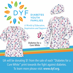 Uniform Advantage will donate $1 from the sale of each “Diabetes for a Cure White” scrub prints to the Diabetes Youth Families