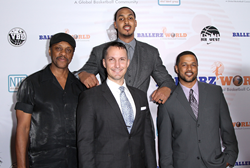 Host Ryan Hollins (Sacramento Kings), Lawrence Hilton- Jacobs (Actor), Nicholas Damuth and Kyle Cox (Ballerz World Co- Founders) pose for a picture on the red carpet at the soft launch event for Ballerz World.