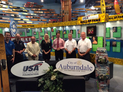 (Photo L-R Ryan Malone, Aktion Parks; Kermit Weeks, Fantasy of Flight; Tony Baggiano USA-WSF Vice President; Tracy Mattes USA-WSF Executive Director; Tim Huston USA-WSF Chairman; Bobby Green, Auburndale City Manager; Tim Pospichal, Mayor of Auburndale