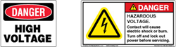 At left, an OSHA-style “Danger – High Voltage” label. At right, an up-to-date ANSI Z535.4 counterpart. (Design at right ©Clarion Safety Systems. All rights reserved.)