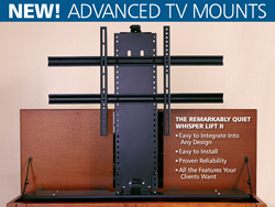 Easy to integrate into any design, Touchstone Whisper Lift II Advanced Pro TV Lifts can drop down from the ceiling or pop out of a cabinet or the floor.