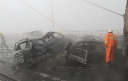 Scene of a fog-related nine car pile up which resulted in one death and multiple injuries.