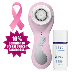 Pink Clarisonic skincare device with Obagi cleanser in a bundle with pink ribbon symbol and breast cancer awareness 10% donation banner