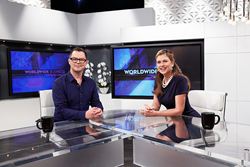 Kathy Ireland with Retail Voodoo President David Lemley on the set of Worldwide Business with kathy ireland.