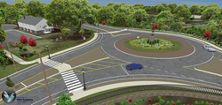 This 3D model shows the design of a roundabout proposed to replace the intersection of state routes 110 and 111 in the town of Monroe, CT.