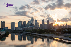 Philadelphia skyline with Jane, your hiring assistant logo
