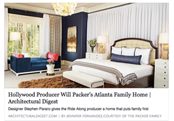 The deep blue hue in the Packer master bedroom is balanced by a crisp, white wall of accent drapery.