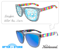 Jayden’s unique design features frosted rainstorm grey fronts, cloud-break blue lenses, and rainbow covered arms on Knockaround’s classically styled “Premiums” frame style. Pulling inspiration from Jayden’s original drawing, each pair has a small cloud l