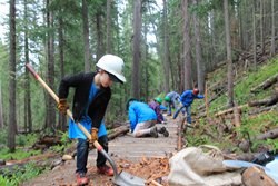 Local volunteers come together to clean up Breck's Spruce Trail.