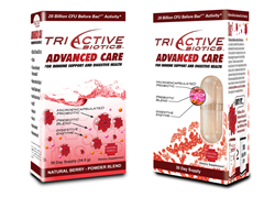 TriActive Biotics Advanced Care packaging in capsule and powder form contain 16 microencapsulated probiotic strains, 5 digestive enzymes and an organic prebiotic
