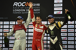 Pictured (Left to Right): Tom Kristensen, Sebastian Vettel, Petter Solberg celebrate victory at ROC London 2015
