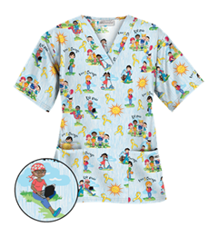 Golden Children White Print Scrub Top