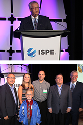 Top: Michael Arnold addressing attendees at the 2016 ISPE Annual Meeting. Bottom: Michael Arnold (far right) with the Pierson family and Pfizer colleagues.