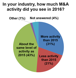 43% of middle market executives reported the same level of M&A activity in 2016 as 2015 and 31% reported more M&A activity in 2016 than in 2015.