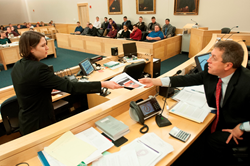 Husson University students participating in a mock trial at the Penobscot Judicial Center.
