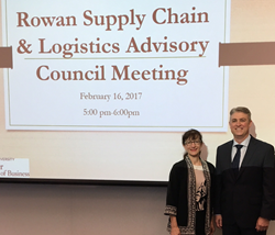 Janis Grover (L), president of Grover Global Food Marketing, is welcomed asa founding member of the new Supply Chain & Logistics Advisory Council in Rowan University’s William G. Rohrer College of Business by Andrew Johnson, PhD (R), assistant professor.