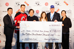 Left to right: Prudential Center Chief Revenue Officer Adam Davis, New Jersey Devils Goalie Cory Schneider, CareOne CEO Daniel E. Straus, Executive Vice President Elizabeth Straus, Make-A-Wish New Jersey CEO Tom Weatherall and Olympic Figure Skater Nancy