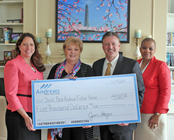 Photo (l to r): Oma George, Chief Retail Officer, Andrews Federal; Janet Grampp, Fisher House Manager; Jim Hayes, President & CEO, Andrews Federal; and Rosalind Bishop, Joint Base Andrews Branch Manager, Andrews Federal