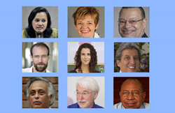 L to R, top row: Elenita (Neth) Daño, Maria Ivanova, Ronald Jumeau. Middle row: David Keith, Alessandra Orofino, Manuel Pulgar-Vidal. Bottom row: Jairam Ramesh, Steve Rayner, Youba Sokona. CREDIT: Terence Hurley