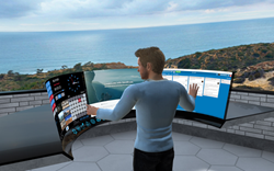 Picture of man interacting in vSpatial with countless screens and looking out over the ocean.