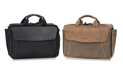 The Air Porter—black ballistic nylon with black leather; tan waxed canvas with grizzly leather