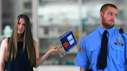 Customer finds security guard to open the bullet-proof plexiglass jail of teeth whitening.