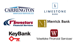 Logos: Carrington Mortgage Services, KeyBank, Merrick Bank, First Investors, Limestone Bank, Westlake
