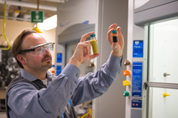 Professor Timko prepares a sample of food waste slurry (left vial) to the biofuel produced using hydrothermal liquefaction