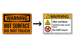 Example of a typical OSHA-style safety sign with it's ANSI-style counterpart